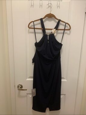 le chateau Navy Halter Midi Dress with Draped Front